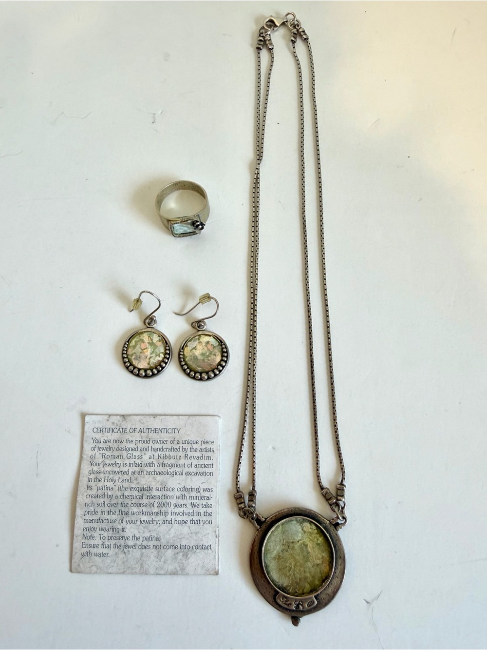 Roman Glass Sterling Silver Necklace Earrings Ring 3pc Israel Jewelry Set